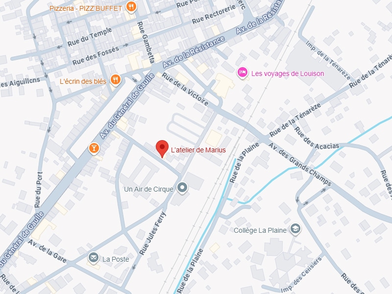 Localisation L'atelier de Marius : Plan et Itinéraire Plan Google Maps de L'atelier de Marius entre l'Avenue du Général de Gaulle et la Rue de la Plaine.
